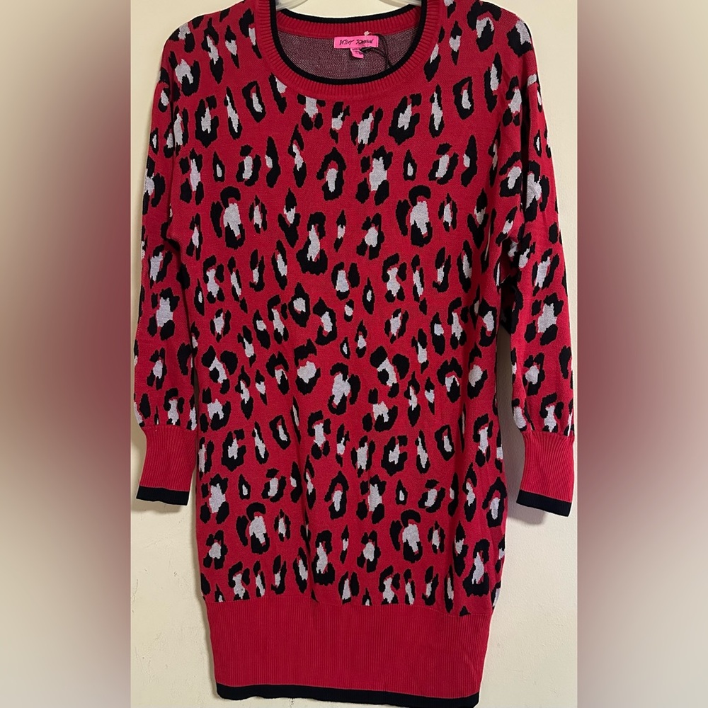 NWT Betsey Johnson red leopard print sweater dress women’s Size XL long sleeve